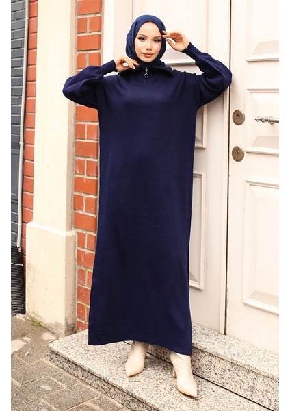 Yakası Fermuarlı Triko Elbise 2441-06 Lacivert