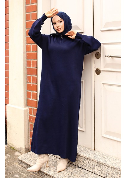 Yakası Fermuarlı Triko Elbise 2441-06 Lacivert