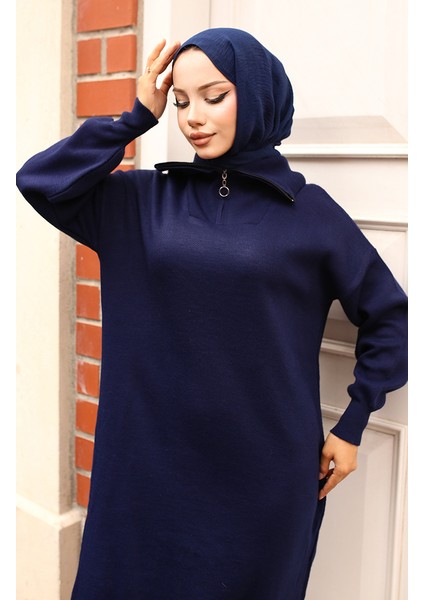 Yakası Fermuarlı Triko Elbise 2441-06 Lacivert