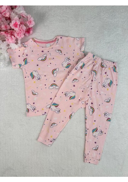 Kedicik Desenli Fitilli Kumaş Pembe Pijama Takımı