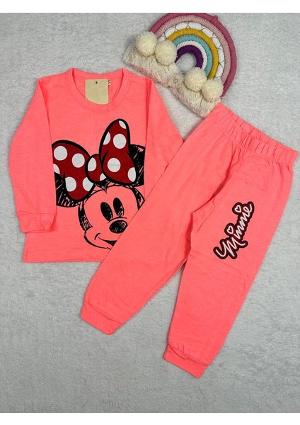 Minnie Mouse Desen Neon Pembe Kız Çocuk Pijama Takım