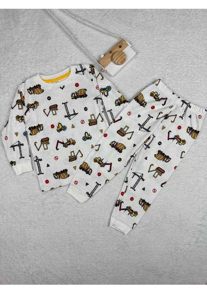 Iş Makinası Desen Beyaz Erkek Çocuk Pijama Takım