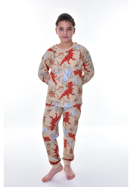 Dinozor Desenli Bej Çocuk Pijama Takımı