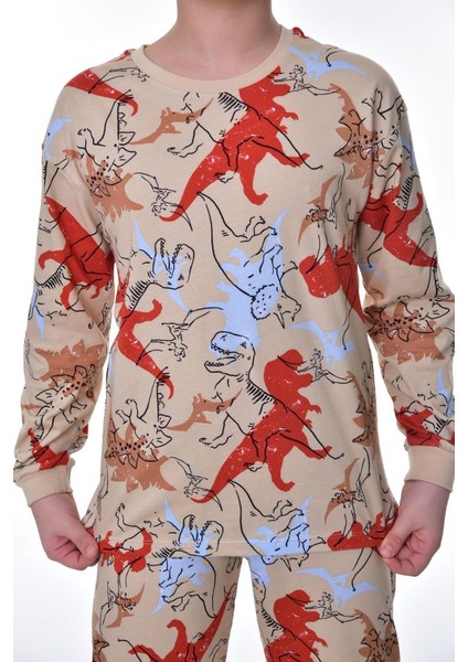 Dinozor Desenli Bej Çocuk Pijama Takımı