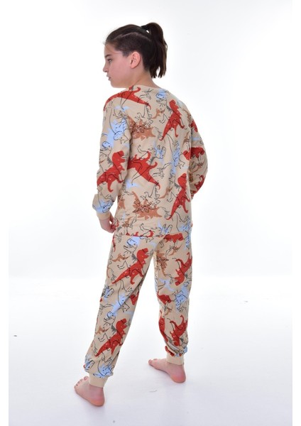 Dinozor Desenli Bej Çocuk Pijama Takımı