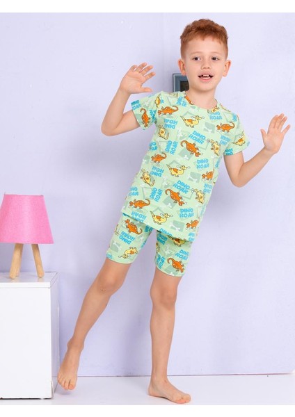 Dinozor Desenli Yeşil Şortlu Pijama Takımı