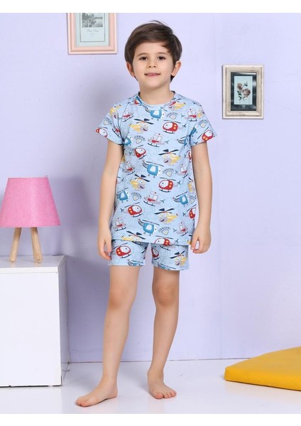 Helikopter Desenli Şortlu Mavi Pijama Takımı