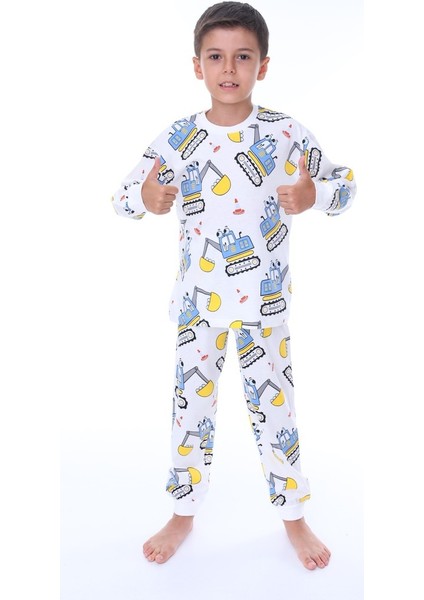 Iş Makinası Desenli Beyaz Çocuk Pijama Takımı