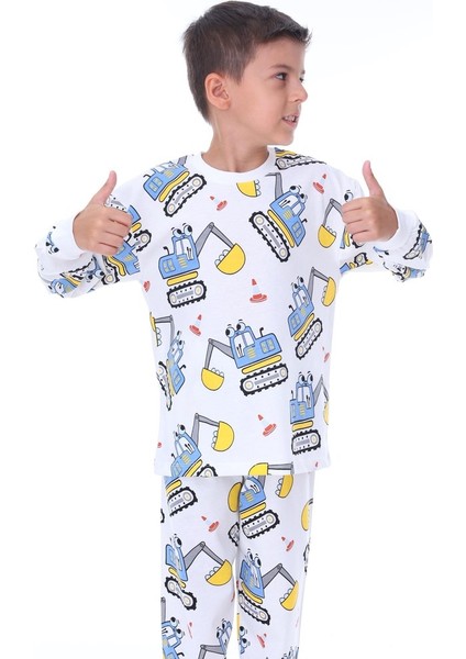 Iş Makinası Desenli Beyaz Çocuk Pijama Takımı fiyatları