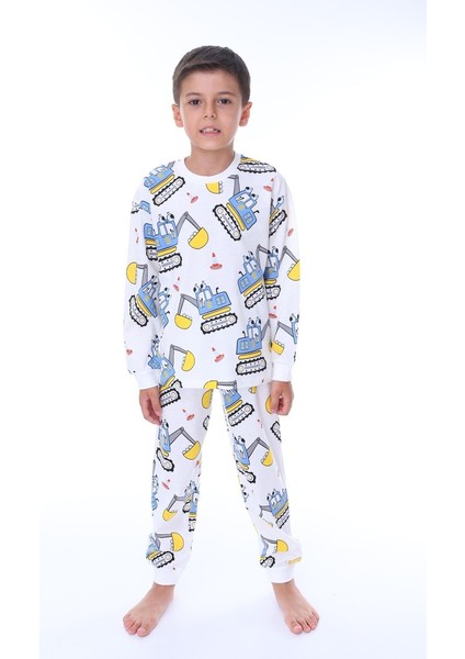Iş Makinası Desenli Beyaz Çocuk Pijama Takımı modelleri