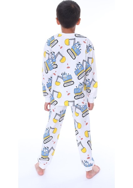 Iş Makinası Desenli Beyaz Çocuk Pijama Takımı fırsatları