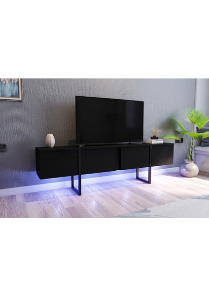 Breda 180 cm Led'li Metal Ayaklı 2 Kapaklı Tv Sehpası - Siyah