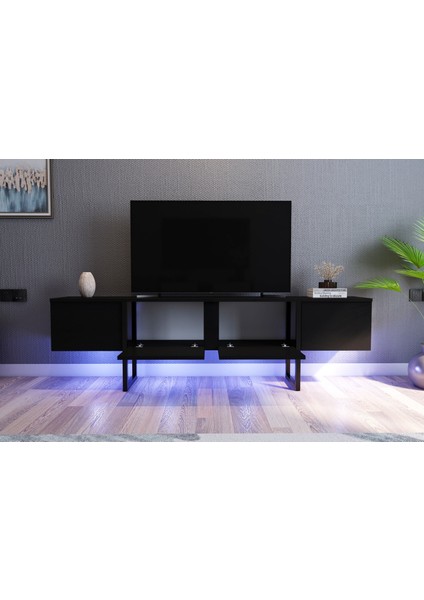 Breda 180 cm Led'li Metal Ayaklı 2 Kapaklı Tv Sehpası - Siyah