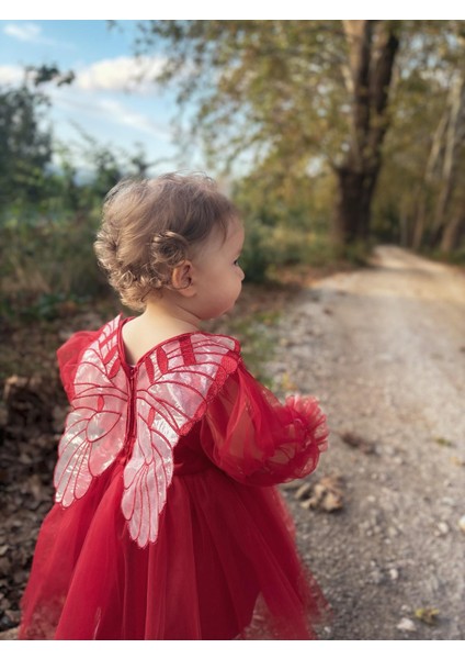 ALYRA Kız Çocuk Kırmızı Elbise Kız Bebek Uzun Kollu Kanatlı Doğum Günü Parti Düğün Özel Gün Tüllü Tütü Astarlı Prenses Elbise Çocuk Giyim ALY0330