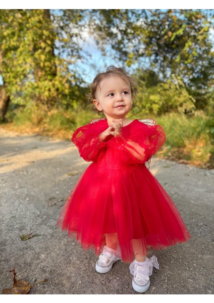 ALYRA Kız Çocuk Kırmızı Elbise Kız Bebek Uzun Kollu Kanatlı Doğum Günü Parti Düğün Özel Gün Tüllü Tütü Astarlı Prenses Elbise Çocuk Giyim ALY0330