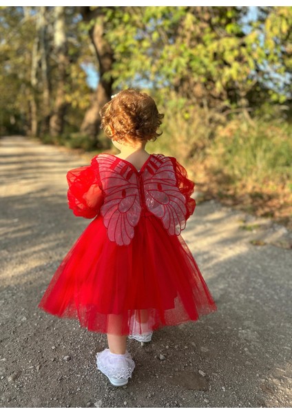 ALYRA Kız Çocuk Kırmızı Elbise Kız Bebek Uzun Kollu Kanatlı Doğum Günü Parti Düğün Özel Gün Tüllü Tütü Astarlı Prenses Elbise Çocuk Giyim ALY0330