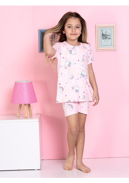 Kedicik Desenli Fitilli Kumaş Pembe Şortlu Pijama Takımı