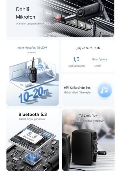 BT14 Bluetooth 5.3 Araç Kiti 3.5mm Hi-Fi Ses Aux Jack Klipsli Orjinal Yeni Nesil Son Teknoloji Ses Müzik Araba Hoparlörleri Kulaklık Tablet Dizüstü Düşük Gecikme Yüksek Performanslı