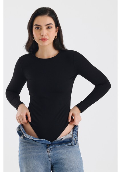 Siyah Uzun Kollu Bisiklet Yaka Çıtçıtlı Body