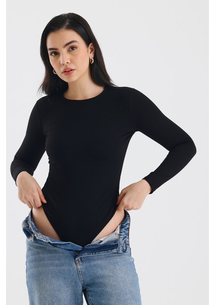 Siyah Uzun Kollu Bisiklet Yaka Çıtçıtlı Body