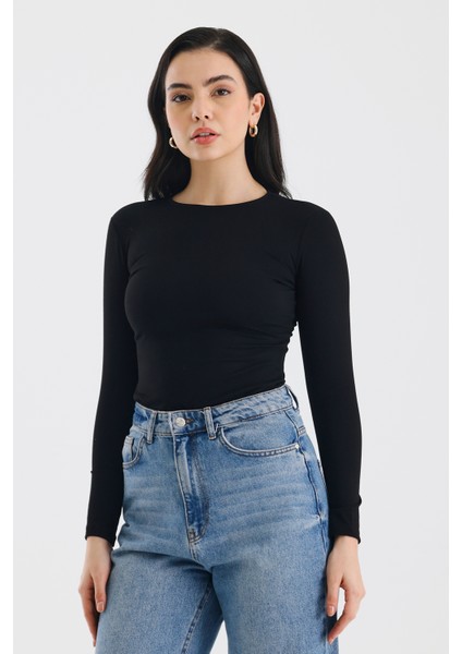 Siyah Uzun Kollu Bisiklet Yaka Çıtçıtlı Body