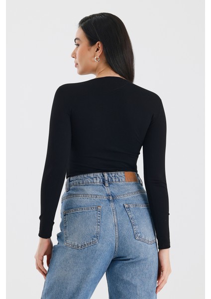 Siyah Uzun Kollu Bisiklet Yaka Çıtçıtlı Body