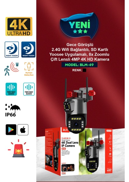 4 Mp Hd Ip Kamera Wifi Özellikli Hareket Takipli Gece Sensörlü Çift Lensli Güvenlik Kamerası