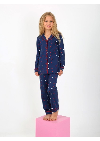 Kalp Desen Lacivert Düğmeli Kız Çocuk Pijama Takım