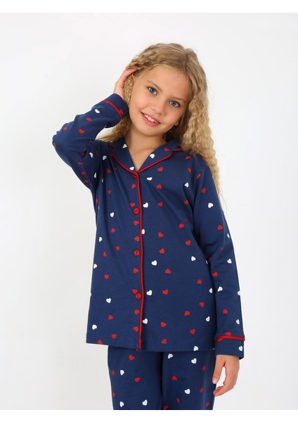 Kalp Desen Lacivert Düğmeli Kız Çocuk Pijama Takım modelleri
