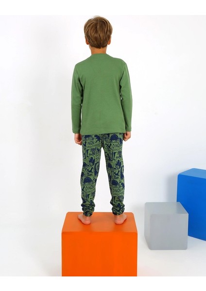 Dinozor Desen Yeşil %100 Pamuklu Erkek Çocuk Pijama Takım