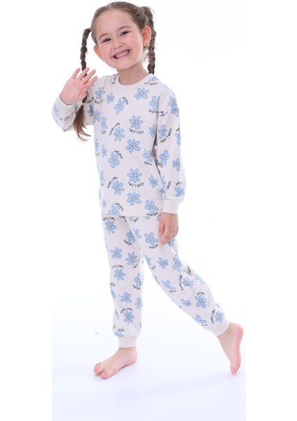 Mavi Çiçek Desenli Krem Çocuk Pijama Takımı