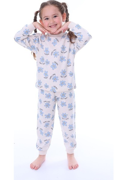 Mavi Çiçek Desenli Krem Çocuk Pijama Takımı fırsatları