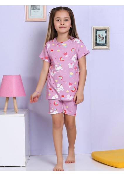Unicorn Desenli Şortlu Pembe Pijama Takımı