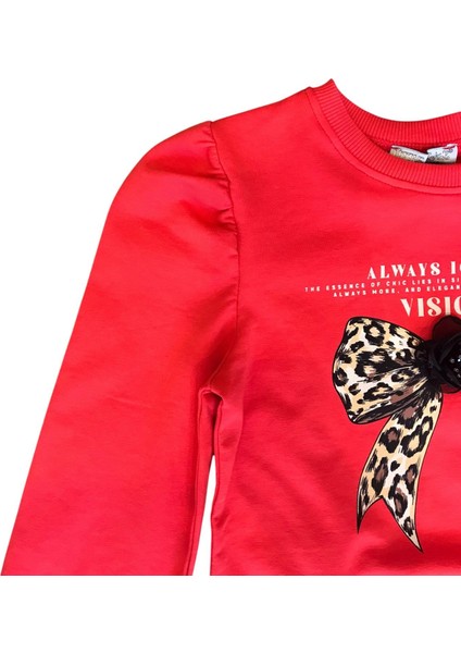 Kız Çocuk Leopar Çiçek Aksesuarlı Sweatshirt