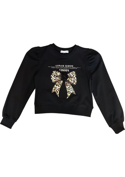 Kız Çocuk Leopar Çiçek Aksesuarlı Sweatshirt