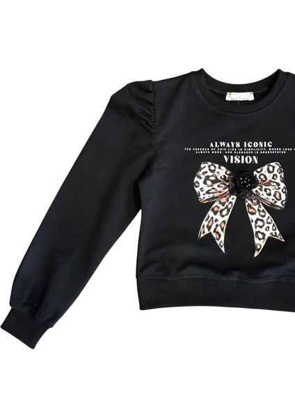 Kız Çocuk Leopar Çiçek Aksesuarlı Sweatshirt
