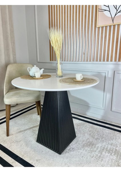 90 cm Siyah Fitilli Yuvarlak Ahşap Yemek Masası - Fungi Mantar Masa - Balkon Kafe Masası