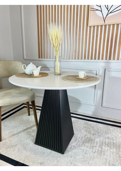 90 cm Siyah Fitilli Yuvarlak Ahşap Yemek Masası - Fungi Mantar Masa - Balkon Kafe Masası