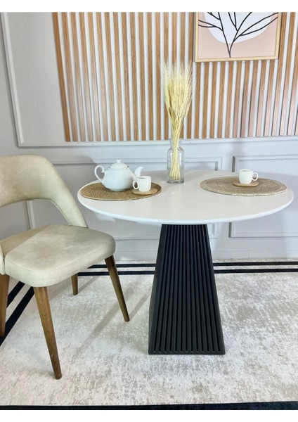 90 cm Siyah Fitilli Yuvarlak Ahşap Yemek Masası - Fungi Mantar Masa - Balkon Kafe Masası
