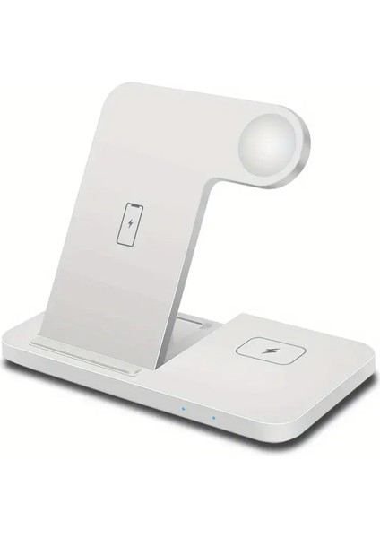 15W Hızlı Şarj Kablosuz Wireless Iphone Samsung Apple Watch Airpods Şarj Standı 3ü 1 Arada Beyaz