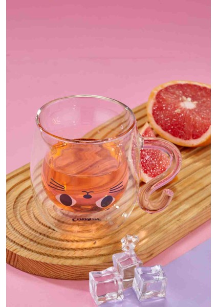 Sevimli Kedi Tasarımlı 250 ml Çift Cidarlı Borosilikat Cam Kupa - Eğlenceli ve Isıya Dayanıklı Özel Tasarım