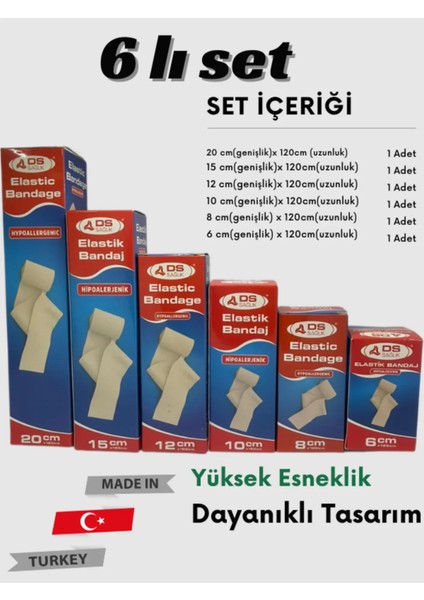 Elastik Bandaj 6’lı Set Yüksek Kalite Esneklik ve Dayanıklılık Set Içeriği (20-15-12-10-8-6 Cm)