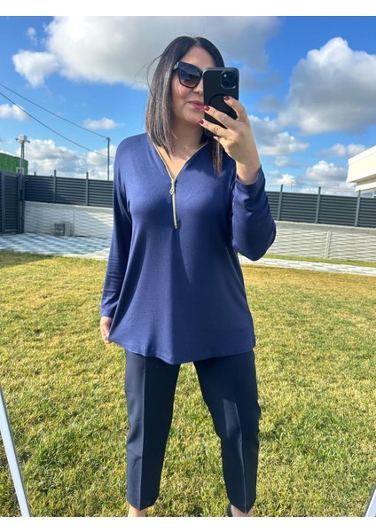 Kadın Büyük Beden Triko Görünümlü Örme Fermuar Detaylı BLUZ-BGB101