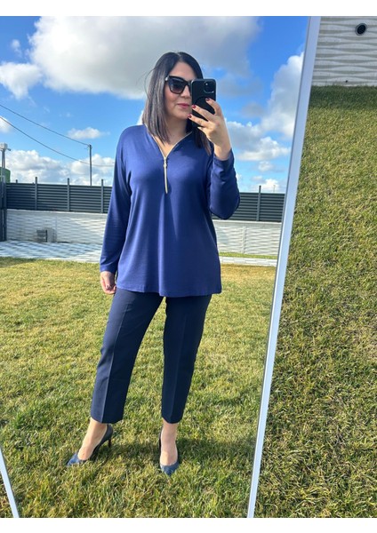 Kadın Büyük Beden Triko Görünümlü Örme Fermuar Detaylı BLUZ-BGB101 modelleri