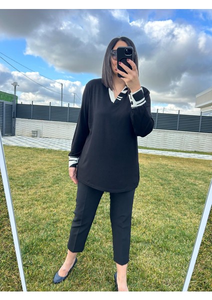 Kadın Büyük Beden V Yaka Siyah Viskon Kumaş Örme BLUZ-BGB98