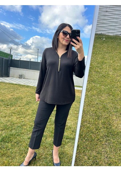 Kadın Büyük Beden Triko Görünümlü Örme Fermuar Detaylı BLUZ-BGB99