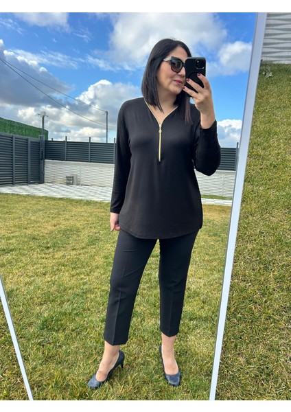Kadın Büyük Beden Triko Görünümlü Örme Fermuar Detaylı BLUZ-BGB99 fiyatları