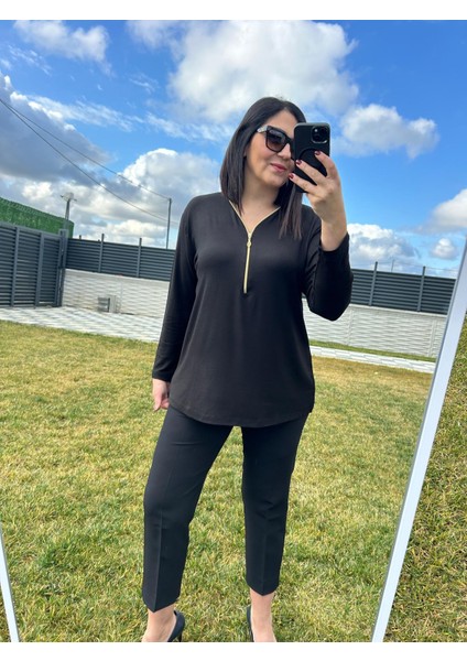 Kadın Büyük Beden Triko Görünümlü Örme Fermuar Detaylı BLUZ-BGB99 modelleri