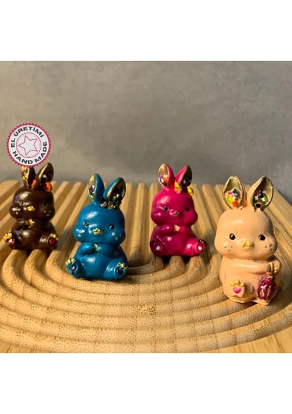 El Yapımı 4'lü Sevimli Tavşan Biblo Seti - Pembe + Yeşil + Bej + Kahverengi - 3 x 5 cm