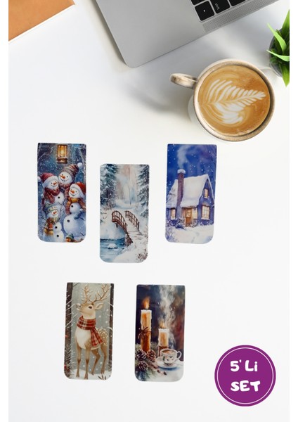 Kış Kar Karlı Orman Mum Mıknatıslı Kitap Ayracı Magnetic Bookmark / 5 Li Set- Yılbaşı Karne Hediyesi